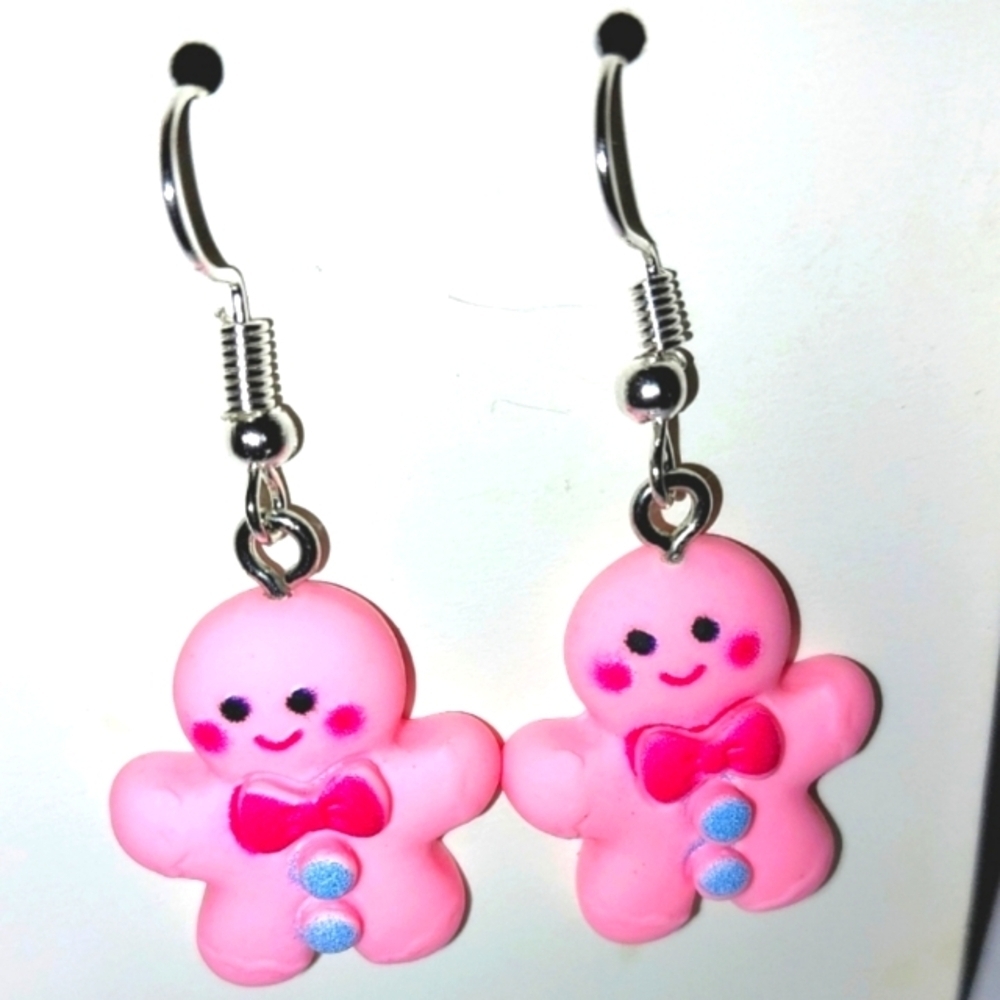 Pink Gingerbread Holiday Hand Crafted Dangle Earrings